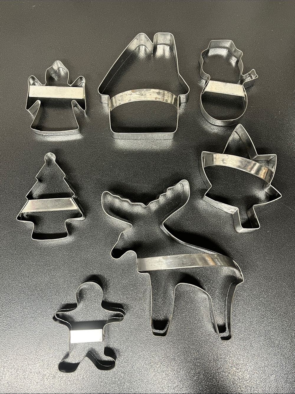 7- Stainless Steel Cookie Cutters Moose, House, Maple, Tree, Angel & Gingerbread